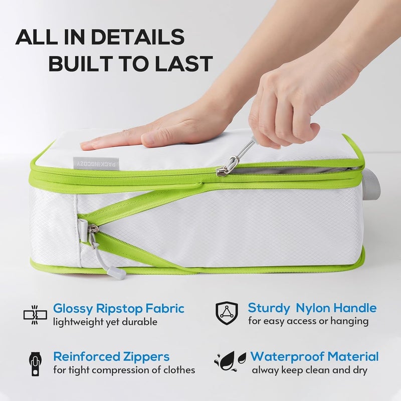 OPLEBEPE Compression Packing Cubes, 6 Set Packing Cubes for Travel Compression, Lightweight Compressible Package Organizer for Carry On and Suitcases, White and Green - Image 2